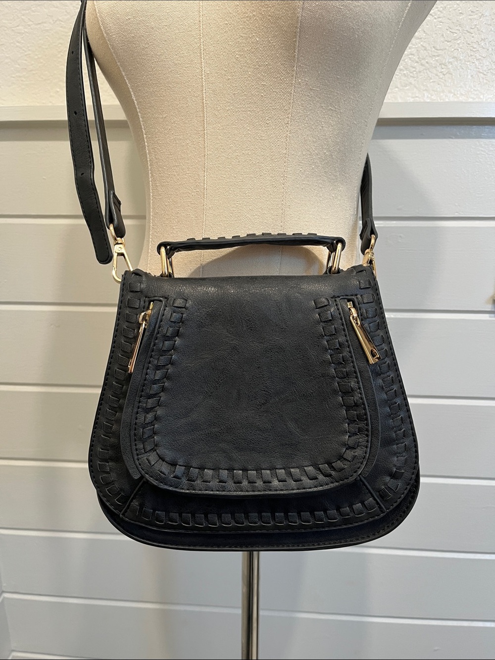 Urban Expressions Black Woven-Trim Saddle Crossbody